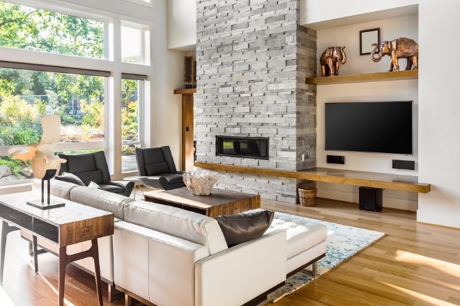 Comfortable and cozy living room setting with an energy efficient smart home